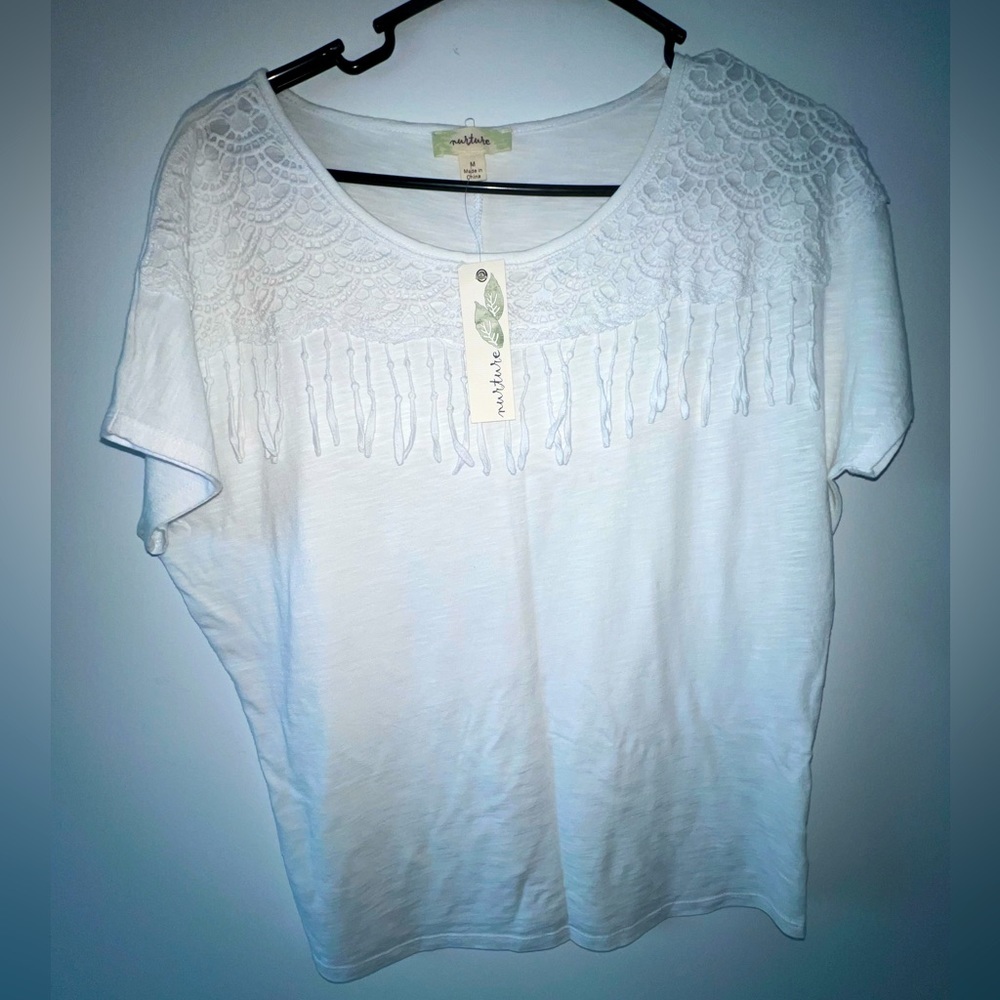 Nature White Fringe Dolman Sleeves Top Size Medium